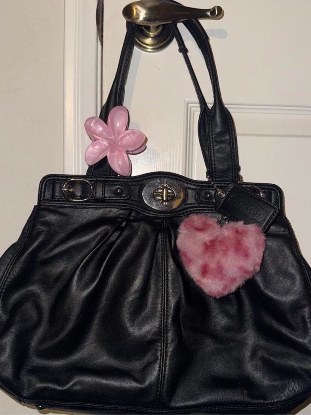 Coach Garnet Turn-lock Black Leather Shoulder Bag with Pink Heart Charm